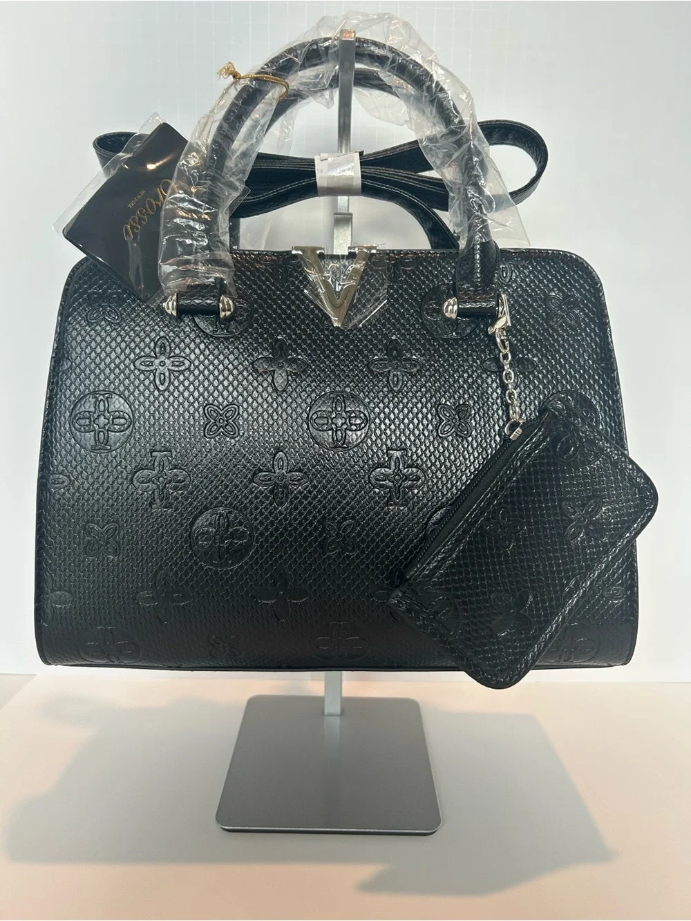 Crossi Like Dreams Elegant Black Embossed Satchel with Detachable Pouch